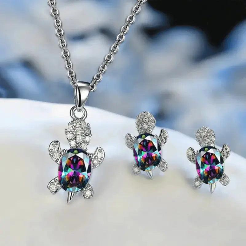 Three Piece Silver Plated Necklace Earrings Set For Ladies With Turtle Shape And Multicolor Glass Diamonds