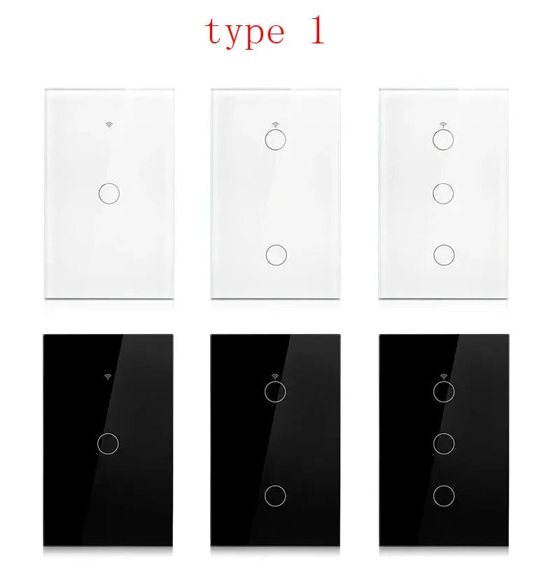 RF433 US WiFi smart wall switch 1–4 gang, touch LED, white and black panels, 6-piece set