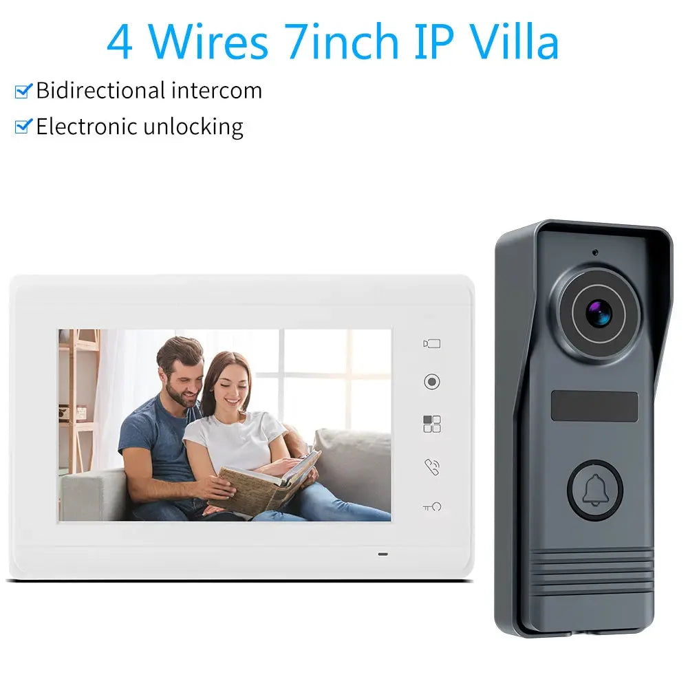7-inch IP villa video door intercom kit with white indoor monitor and black doorbell camera, Simples Market.