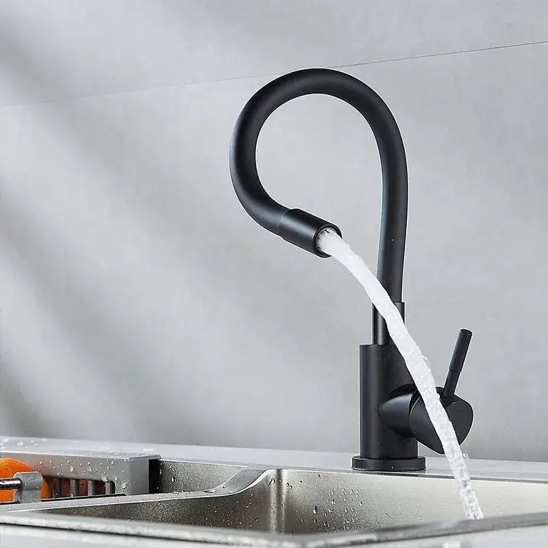 Matte black universal swivel kitchen faucet with gooseneck hose, deck-mount hot/cold mixer