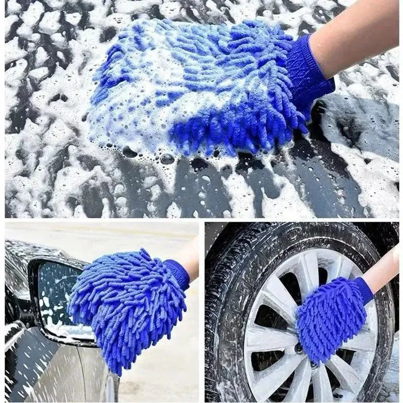 Car detailing brush set blue microfiber chenille mitt for vents, gaps and wheels