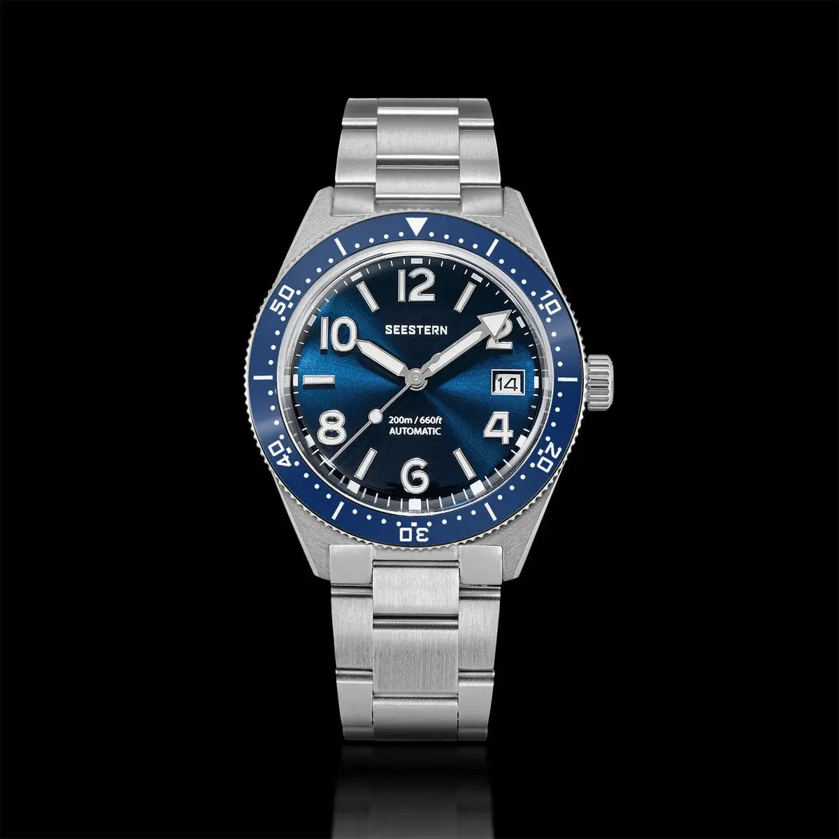 Seestern Diver men's watch with blue dial and blue bezel, stainless steel bracelet, 200m water resistant