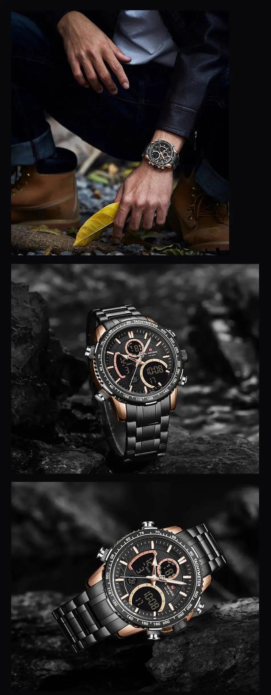 NAVIFORCE men's sport chronograph watch with black stainless steel band and rose-gold accents
