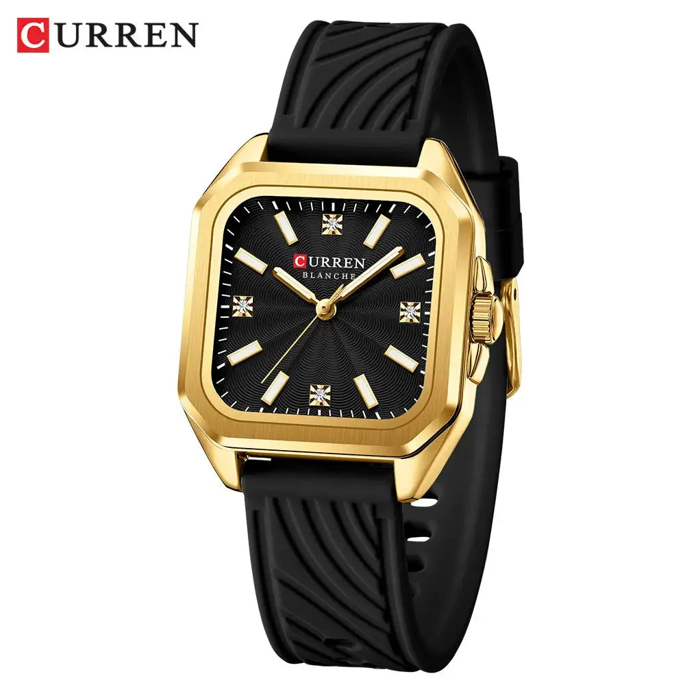 Curren 9113 ladies' quartz watch with gold-tone square case, black dial and black silicone strap