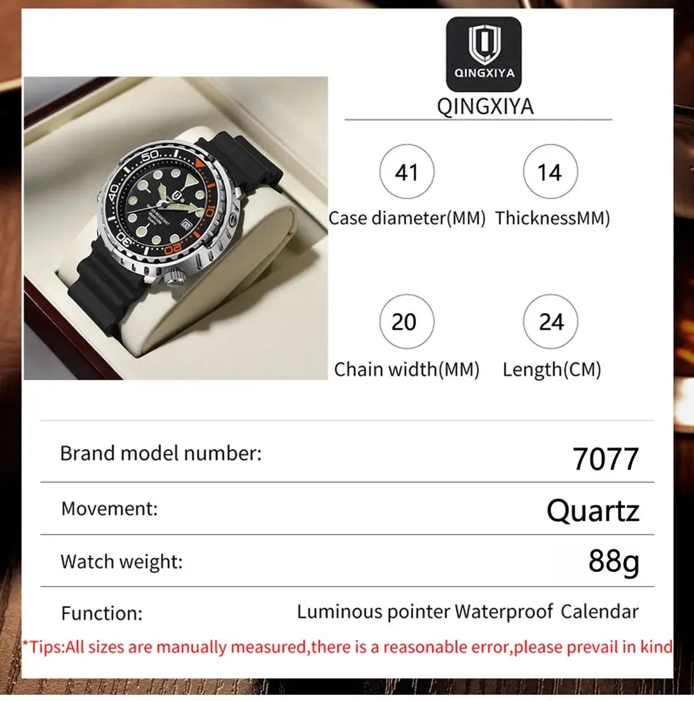 QINGXIYA men's quartz watch with silicone strap, luminous dial, waterproof
