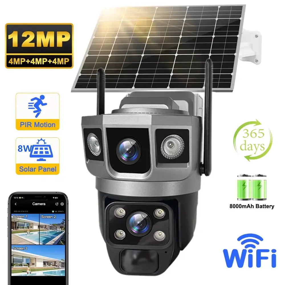 Simples Market V380 Pro 12MP solar WiFi IP camera with dual lenses for outdoor PTZ surveillance