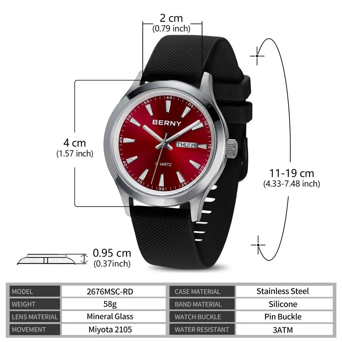 BERNY men's wristwatch with red dial, stainless steel case and black silicone strap.