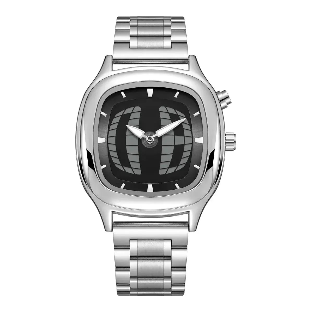 Men's stainless steel dual-display watch with black dial, waterproof quartz