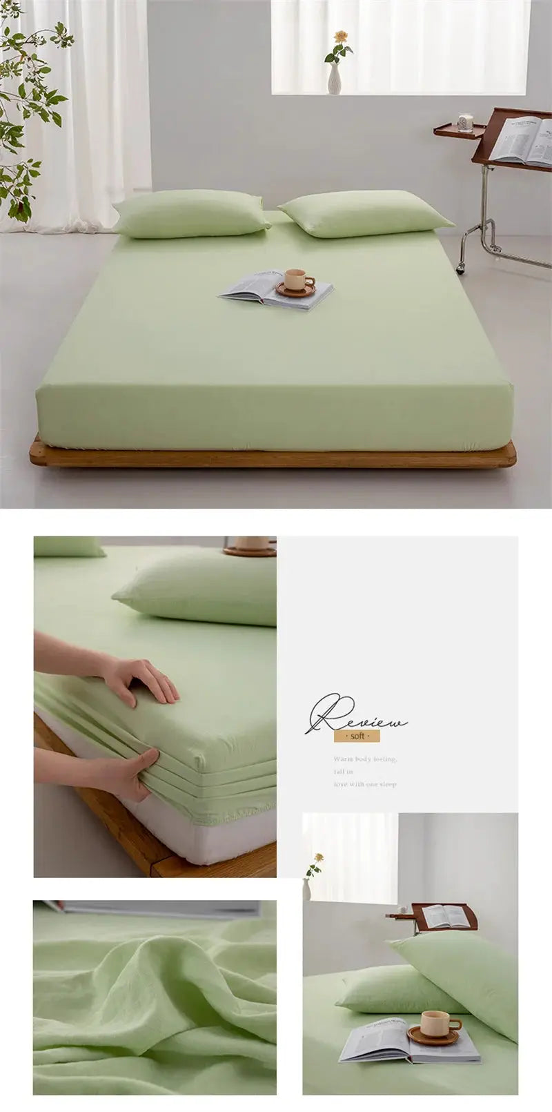 Soft cotton fitted sheet in pale green for mattress sizes Single–King with elastic band