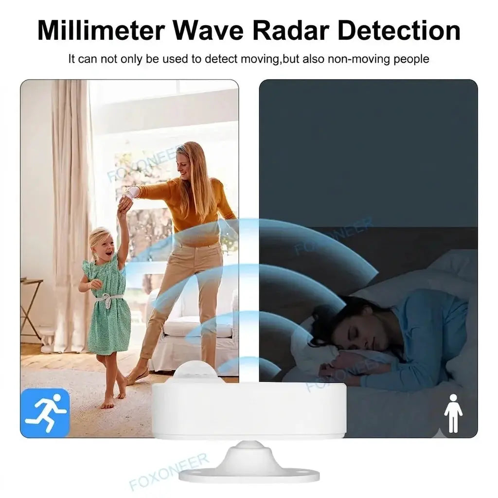 Smart Zigbee human presence sensor with mmWave radar and PIR, battery-powered white round device on a base.