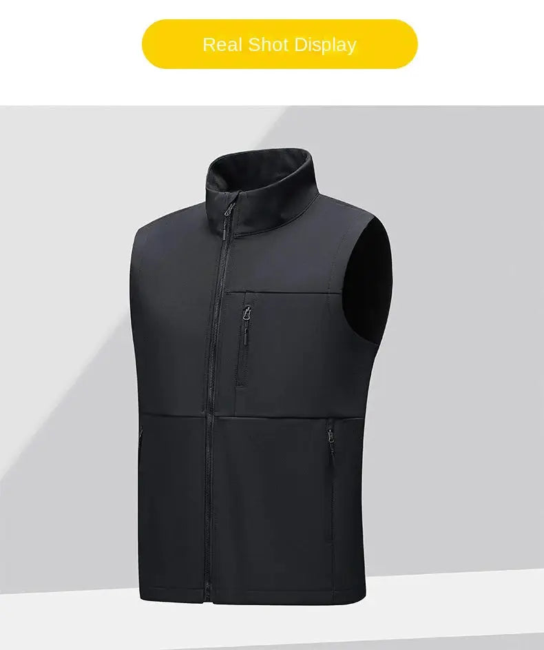 Men's soft shell sleeveless vest in black with full-length zipper and chest and lower zip pockets