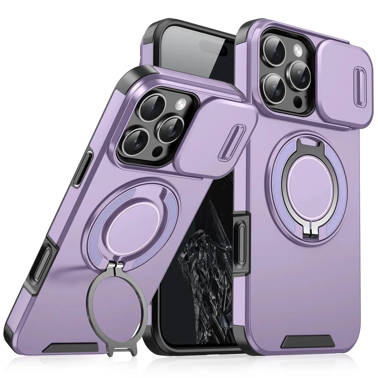 Heavy-duty rugged magnetic stand case for iPhone 17–11 Pro Max in lavender with slide camera protection