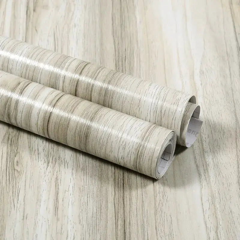 Vinyl wood wallpaper rolls by Simples Market; beige wood grain, self-adhesive waterproof PVC, set of 3