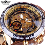 Winner gold-tone skeleton automatic sport watch for men with black bezel and exposed gears