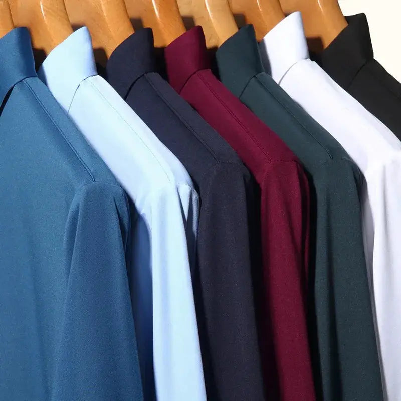 Premium men's ultra-stretch silky long-sleeve shirts in nine assorted colors on hangers.