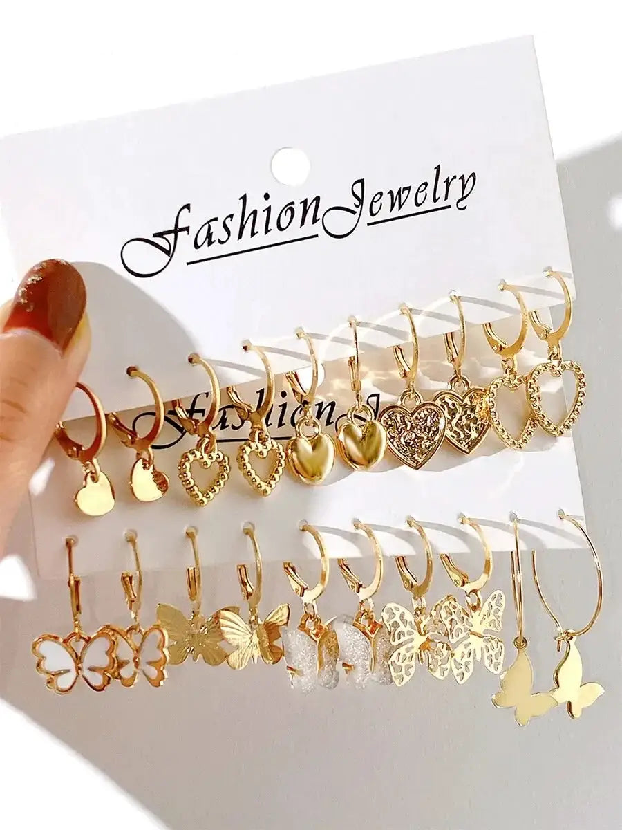 10 Piece Gold Color Earrings Set For Women Hollowed Out Butterfly And Heart Love Design Jewelry Gifts