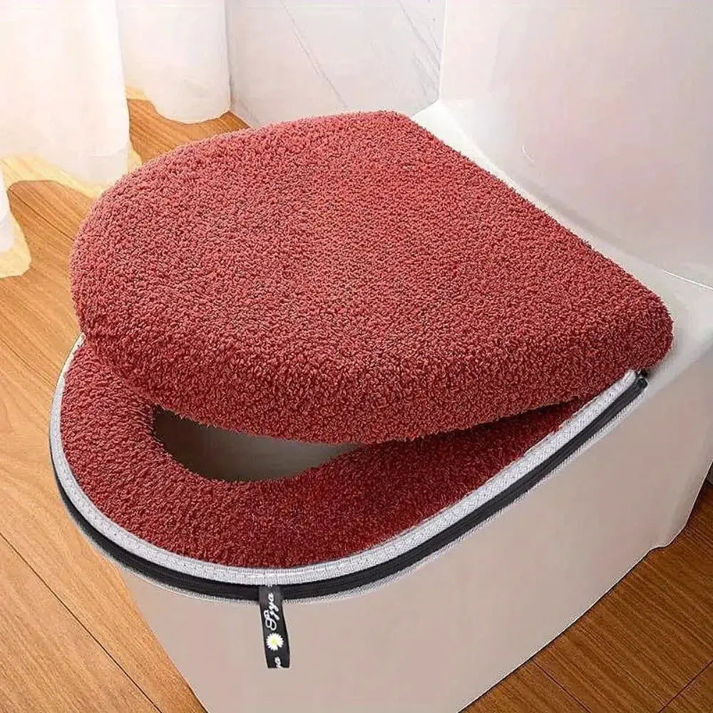 Toilet seat cushion set of two, red plush cover, double padded with zipper, machine washable.