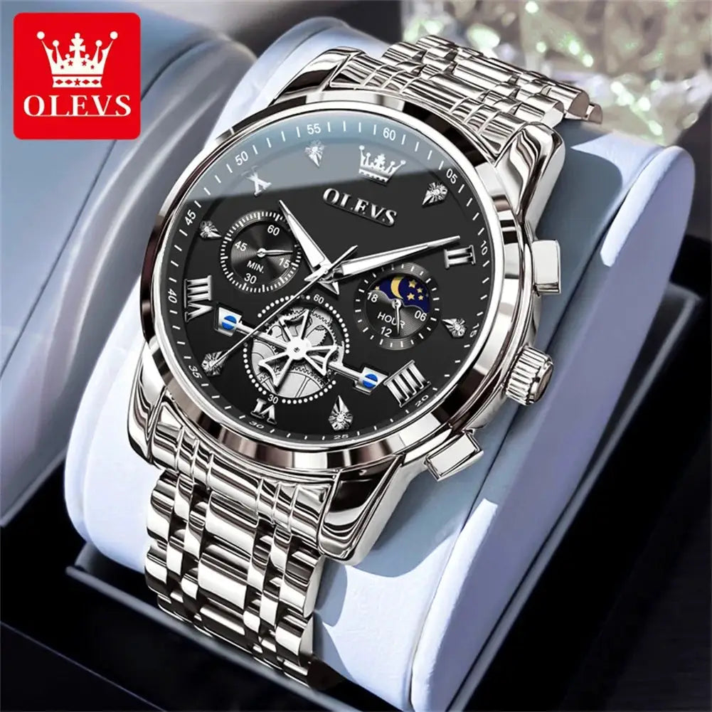 OLEVS men's luxury stainless steel watch with black dial, moon phase, Roman numerals