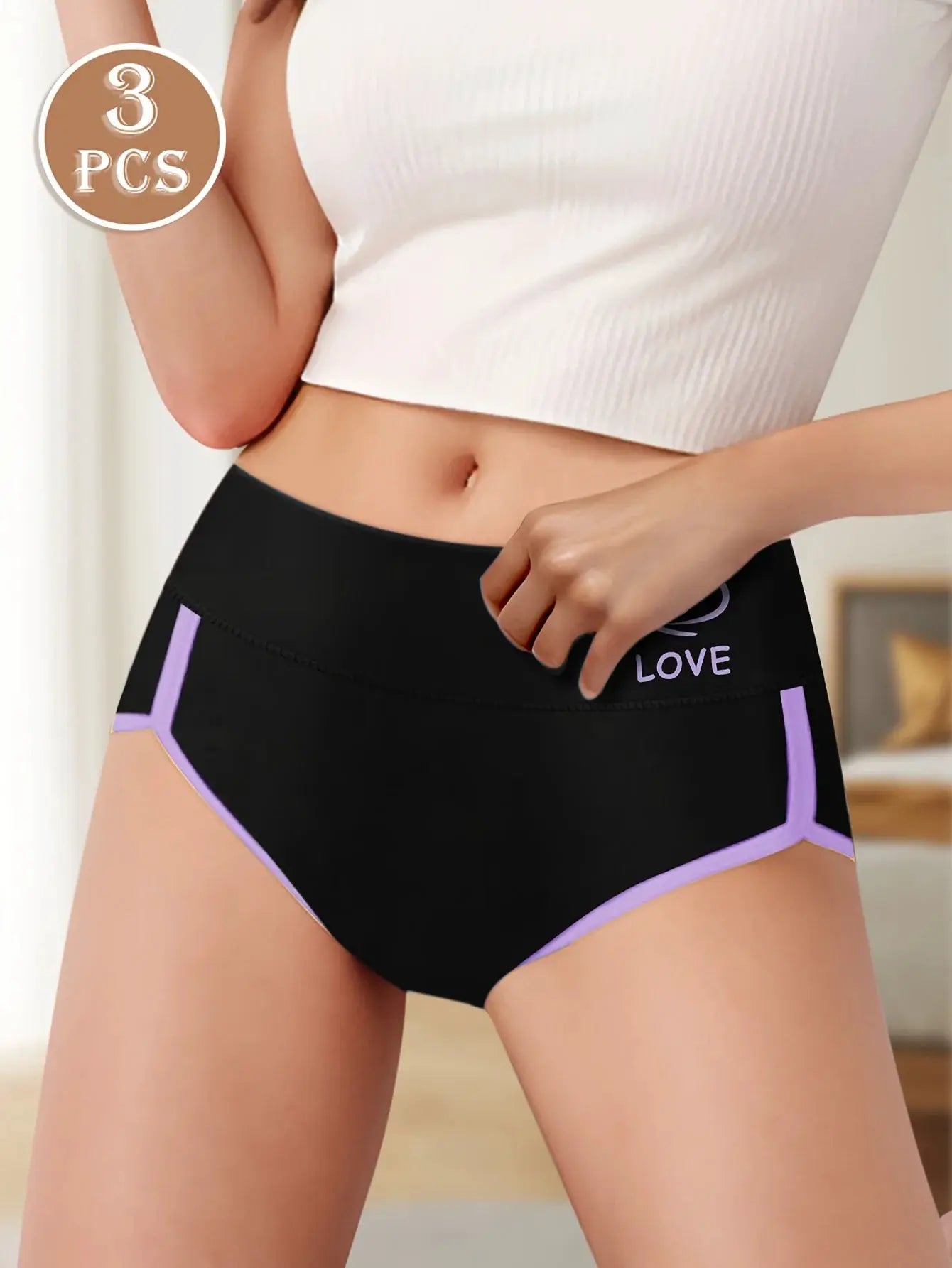 3-pack women's high-waisted tummy-control briefs by Simples Market, black with lavender trim and LOVE logo.