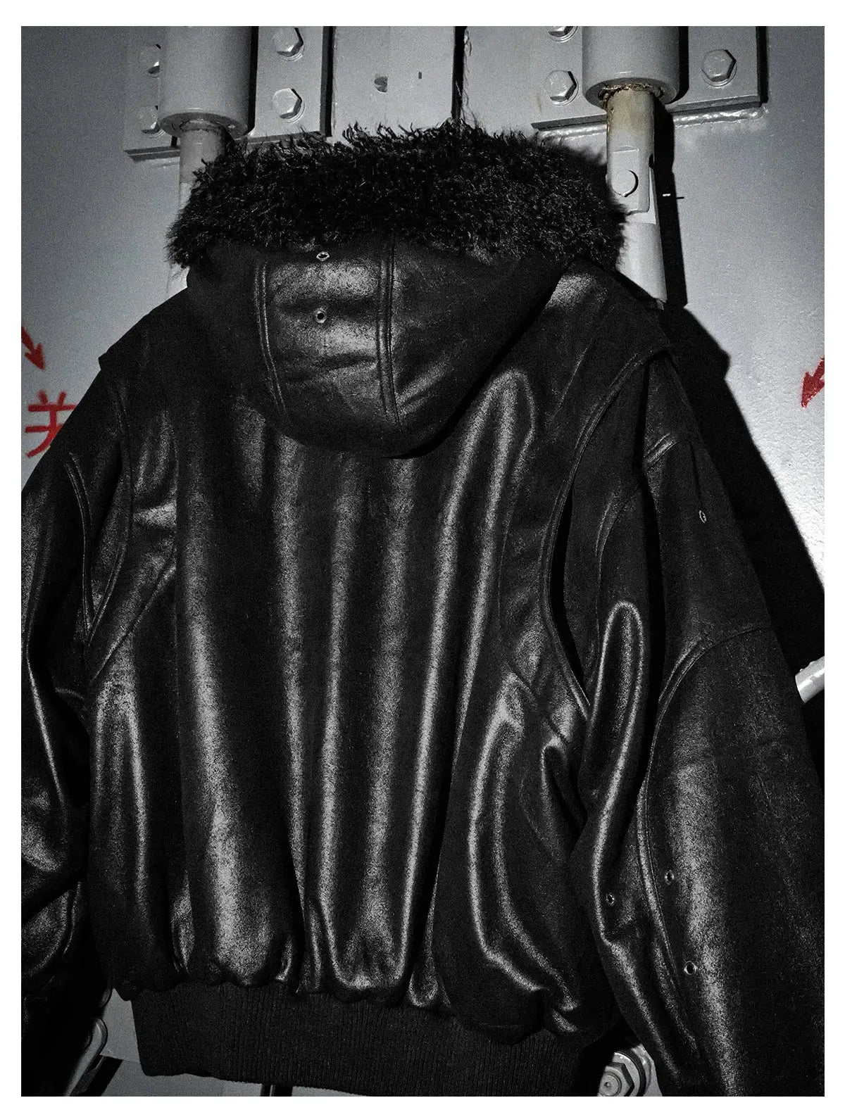 Mauroicardi men's PU leather jacket with faux fur hood; black shiny finish, oversized bomber style.