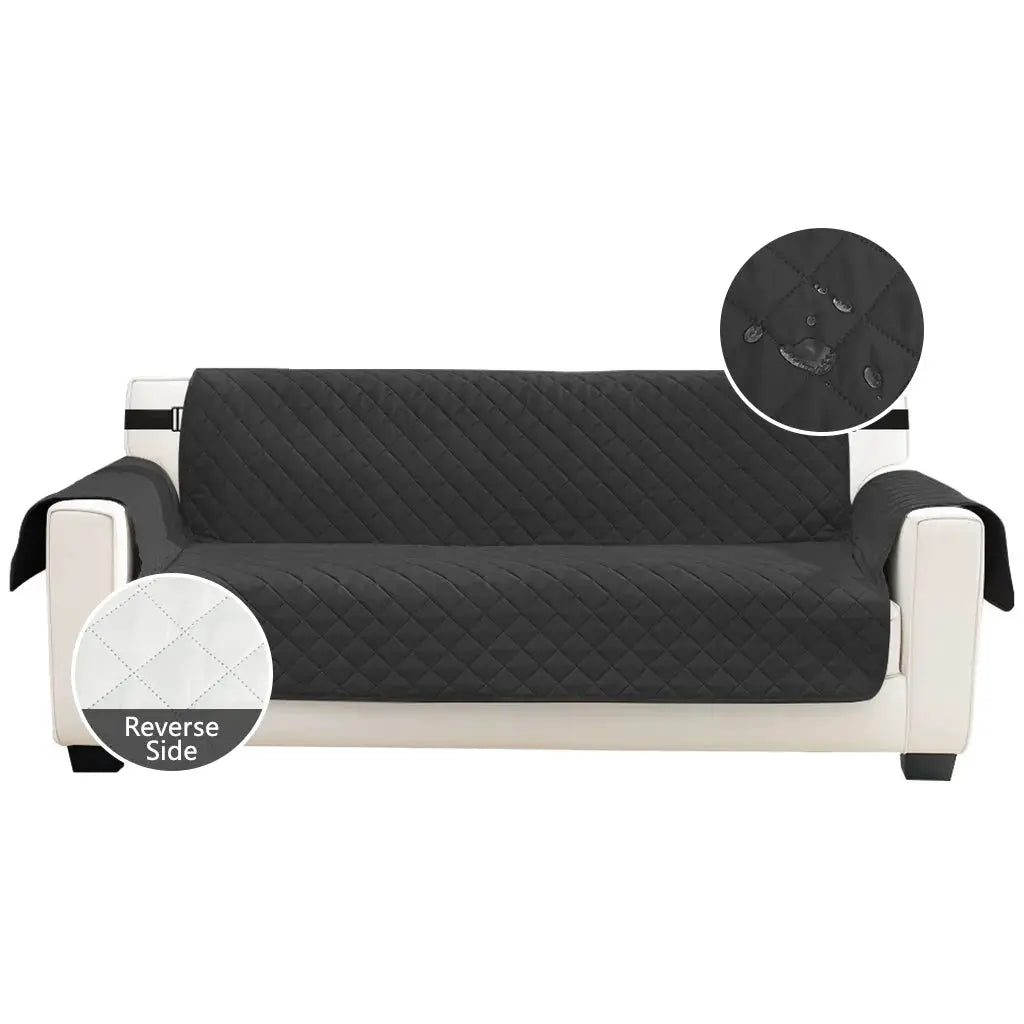 Black quilted sofa slipcover, waterproof and non-slip with elastic straps for 1–4 seater sofas
