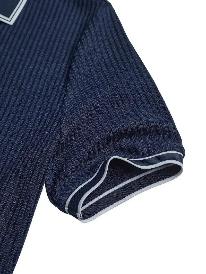 Men's polo shirt by Simples Market; navy blue ribbed fabric with white-and-blue striped cuff on short sleeves