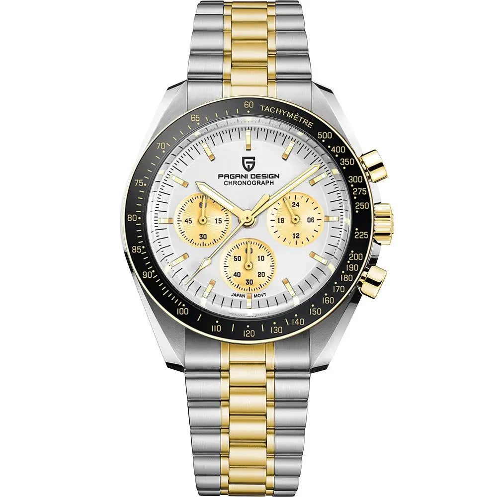 Pagani Design men's chronograph watch, silver and gold two-tone stainless steel bracelet, white dial with gold subdials