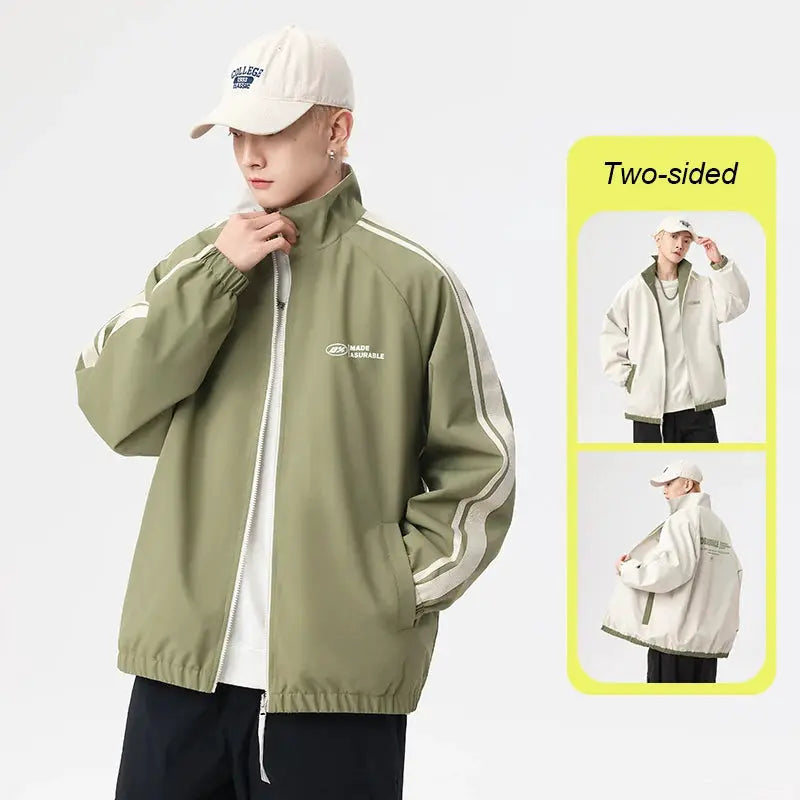 Two-sided reversible windproof jacket by Simples Market; olive green front with white stripes, beige reverse.