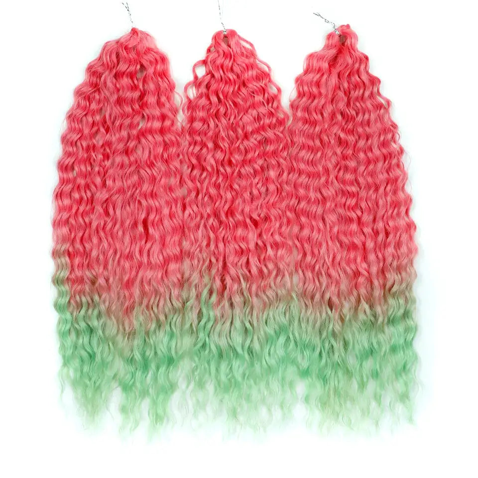Ariel Synthetic Twist Crochet Hair 22in 3 bundles ombre pink to green water-wave curls