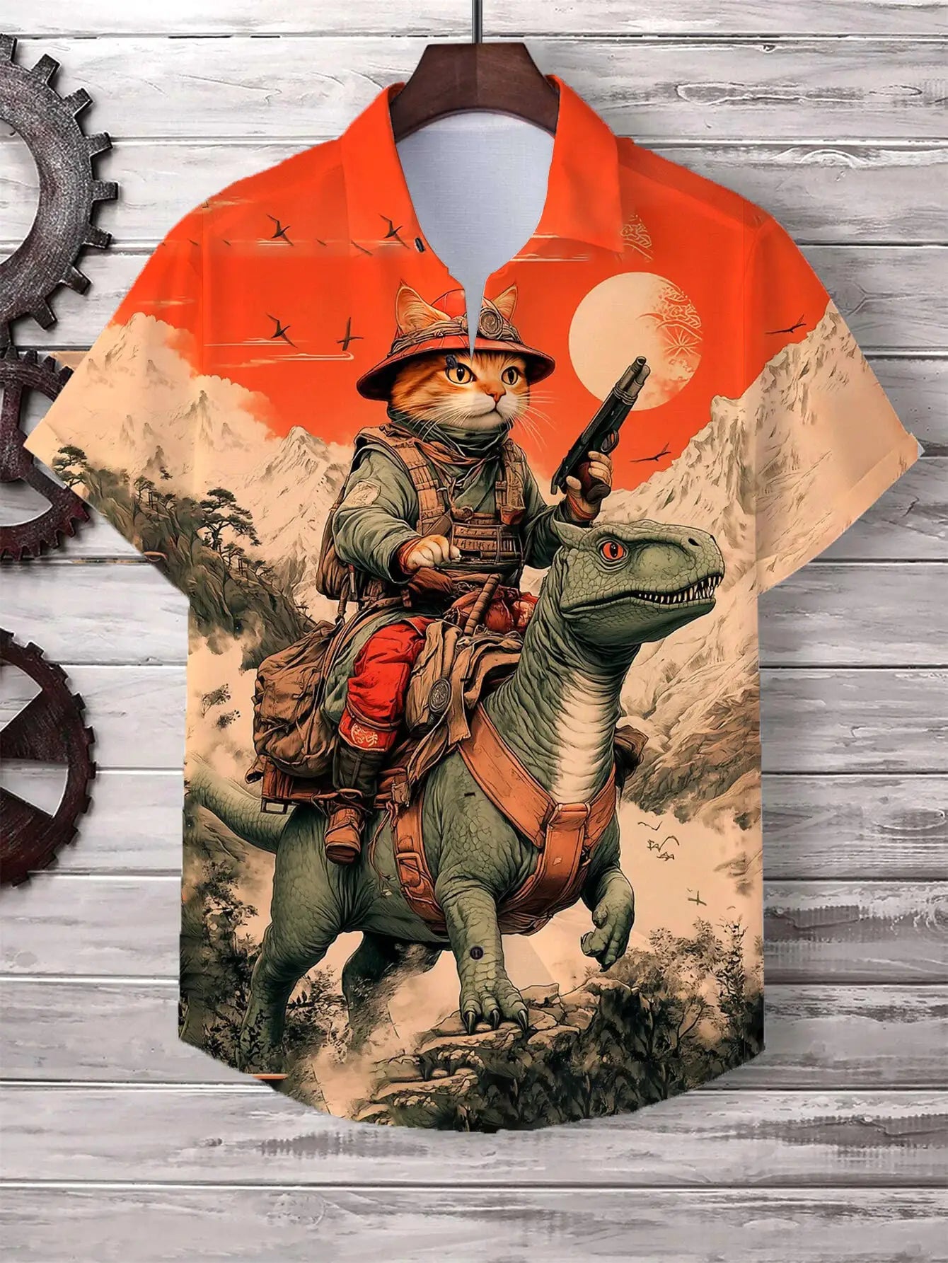 Men's cat graphic Hawaiian shirt by Simples Market; orange short-sleeve, button-down featuring a cat riding a dinosaur.