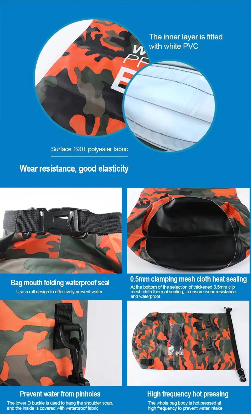 Dry bag waterproof camouflage outdoor bag with roll-top seal and buckle strap