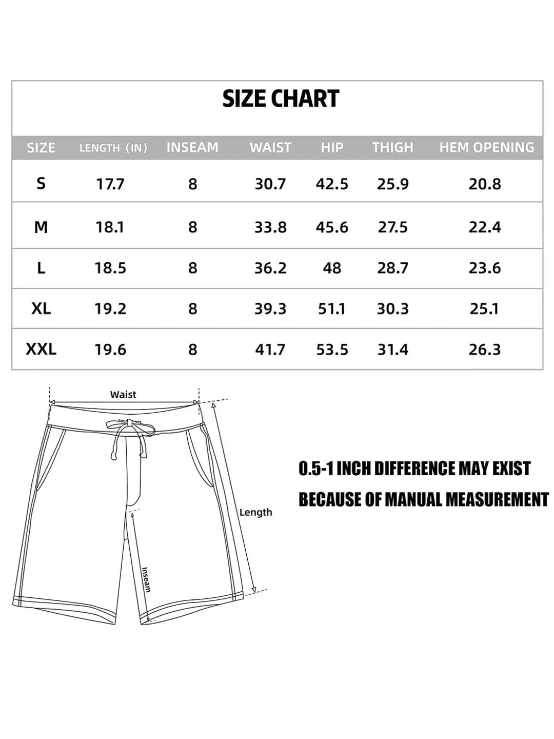 Ice cream print baseball shorts, loose fit with drawstring waist, size chart illustration