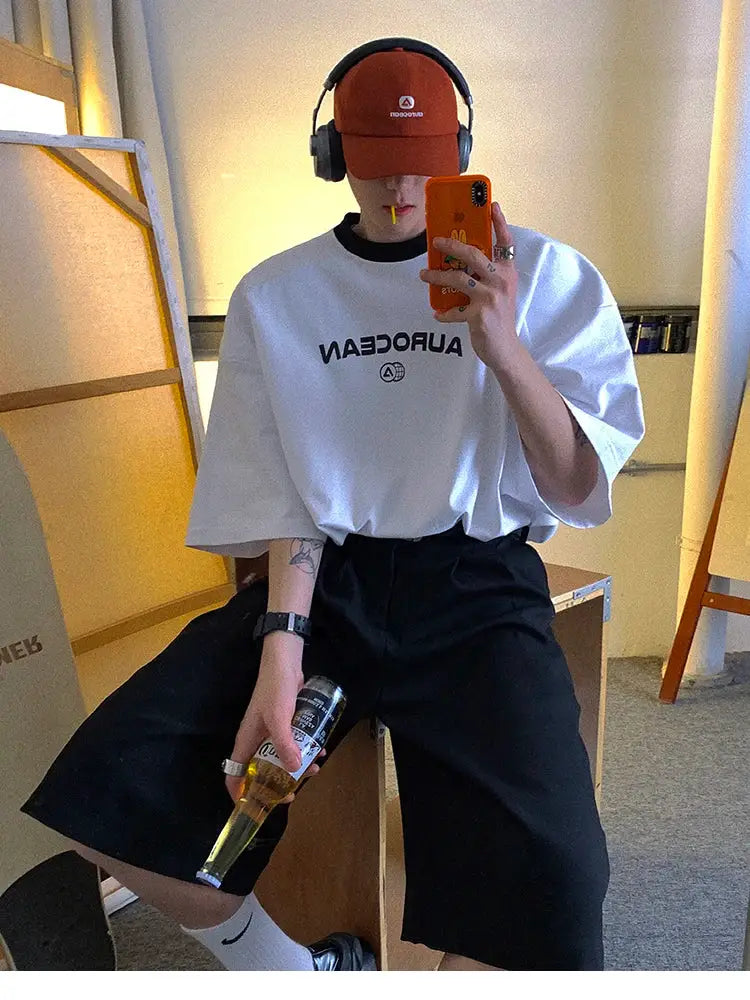 Men's black high-waist loose pleated knee-length shorts for summer