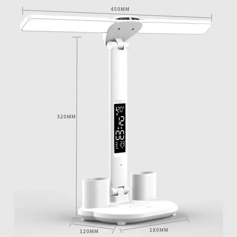 LED clock table lamp with 2-head light bar, USB rechargeable, dimmable, 180° rotation, eye-protection reading light by Simples Market.
