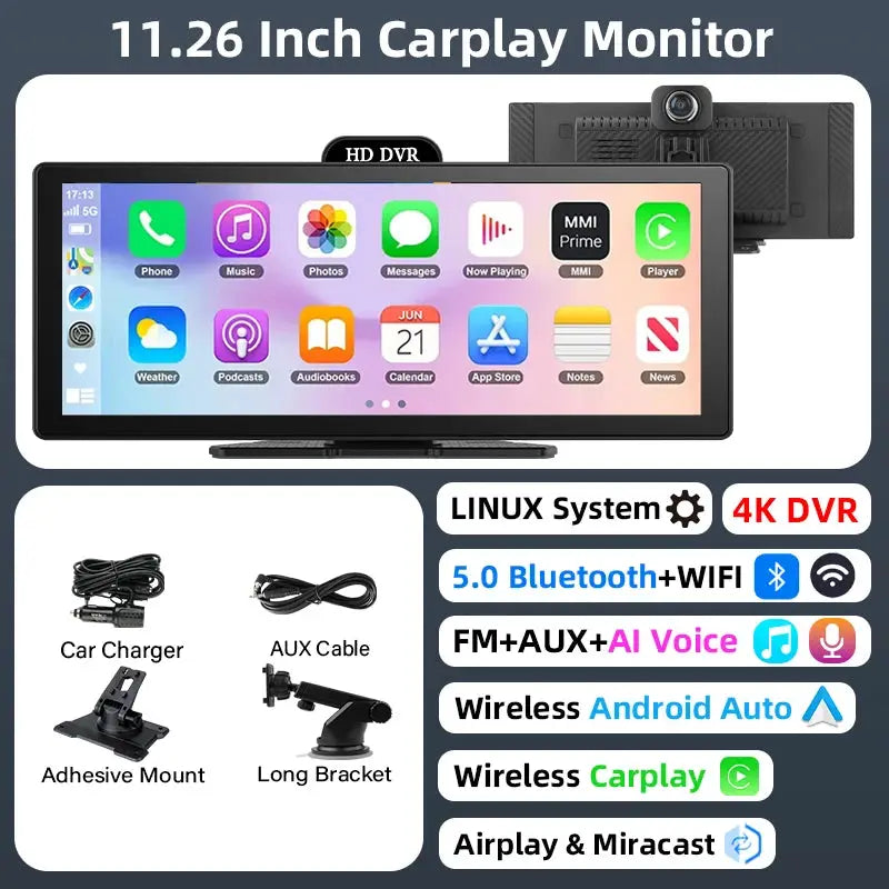 11.26 Inch 4K Dash Cam CarPlay Android Auto GPS Dual Lens Bluetooth