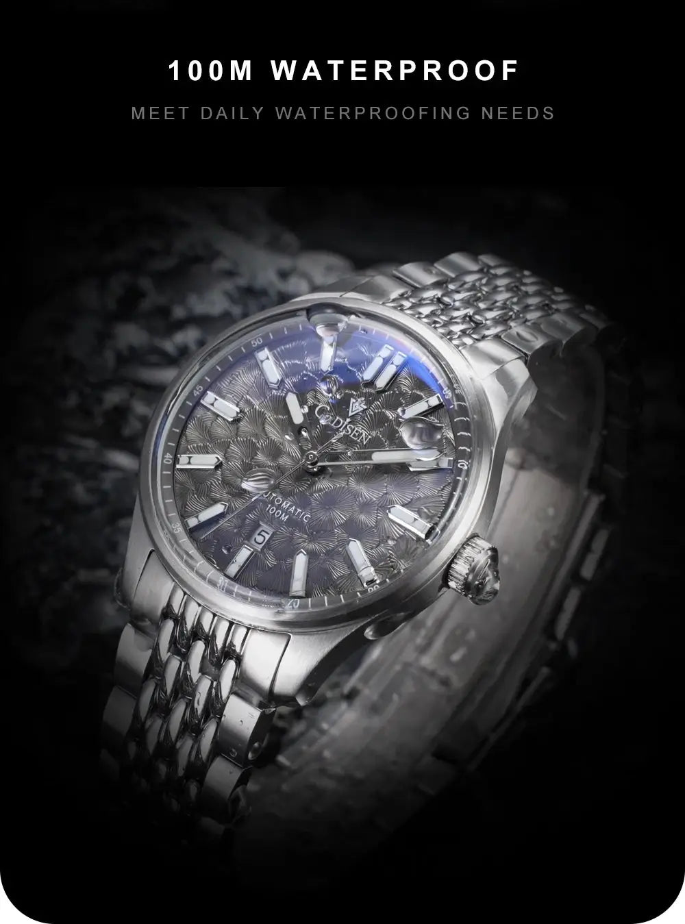 CADISEN automatic mechanical men's watch with blue textured dial and stainless steel bracelet