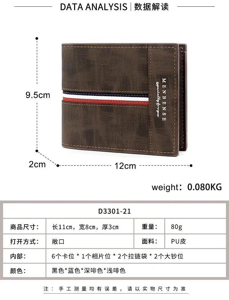 Men's slim wallet in brown PU leather with coin pocket and red, white, blue stripe