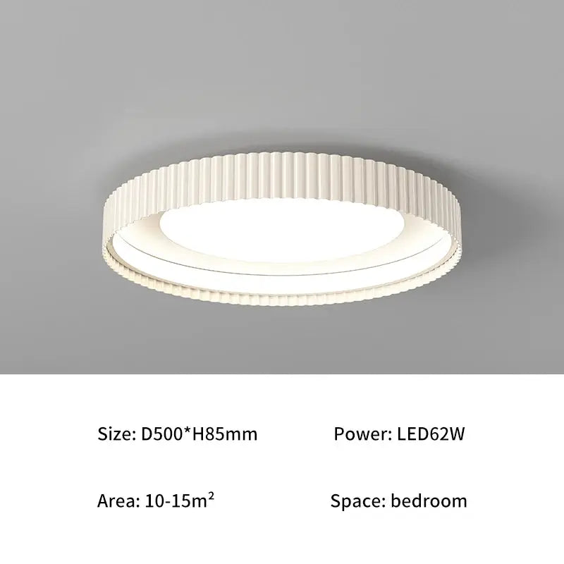 Modern round metal LED ceiling light by Simples Market, white ribbed flush-mount for bedroom