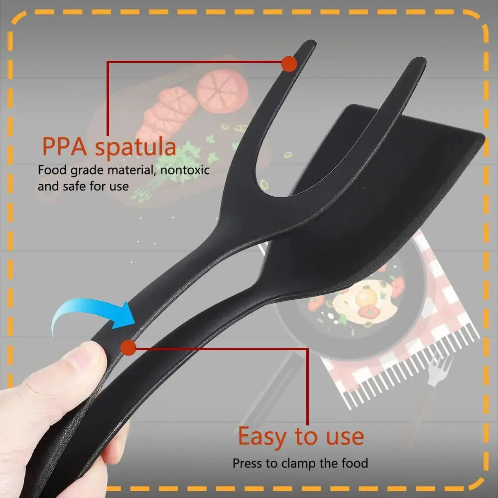 2 In 1 Grip Flip Spatula Tongs Egg Flipper Nylon Nonstick Coating For Pancakes Fish French Toast Omelets