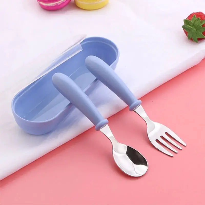 3 Piece Children Spoon And Fork Set Stainless Steel Portable Baby Feeding Utensils For Toddlers
