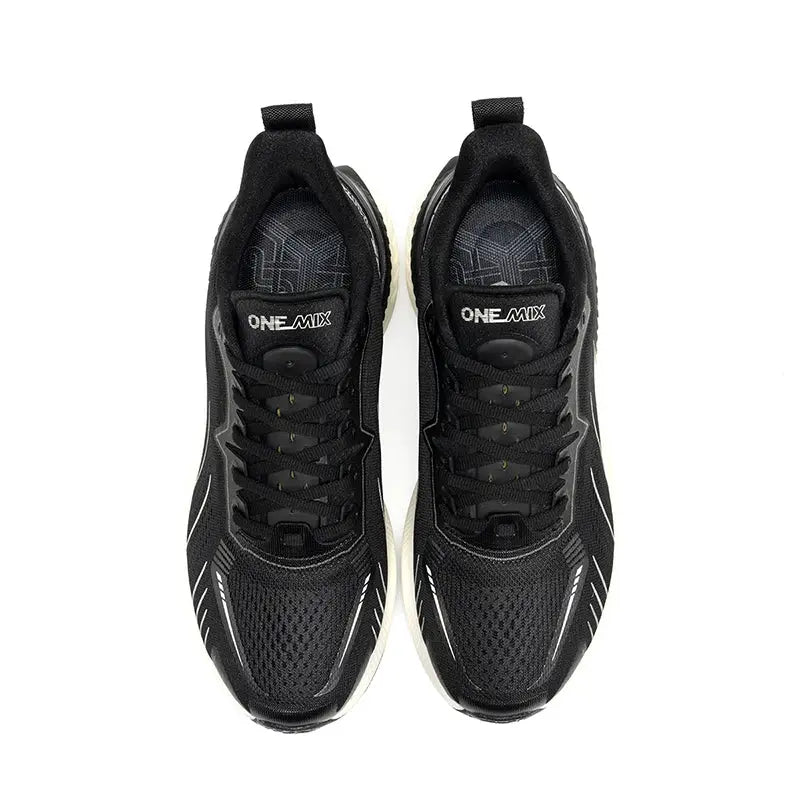 ONEMIX running shoes, pair of black lace-up athletic sneakers with white soles