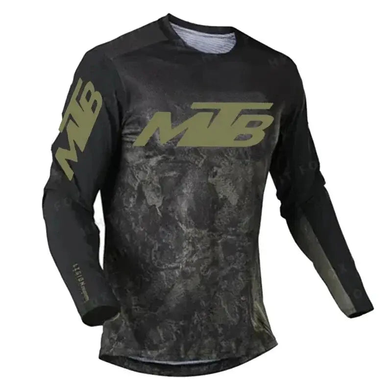 Black long-sleeve MTB cycling jersey with olive-green MTB logo across the chest and on the sleeve.