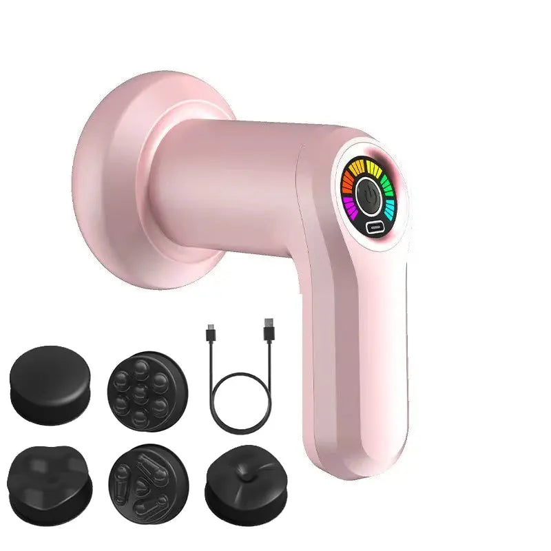 2025 Electric body massager in pink cordless handheld with Simples Market branding and six black massage heads