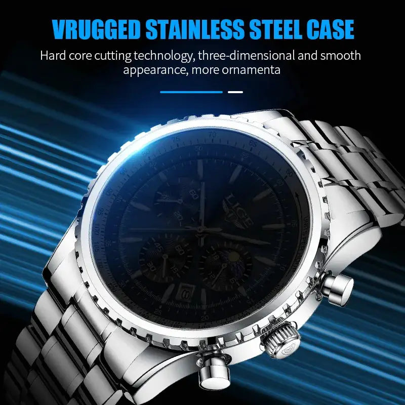 LIGE men's stainless steel chronograph watch with black dial