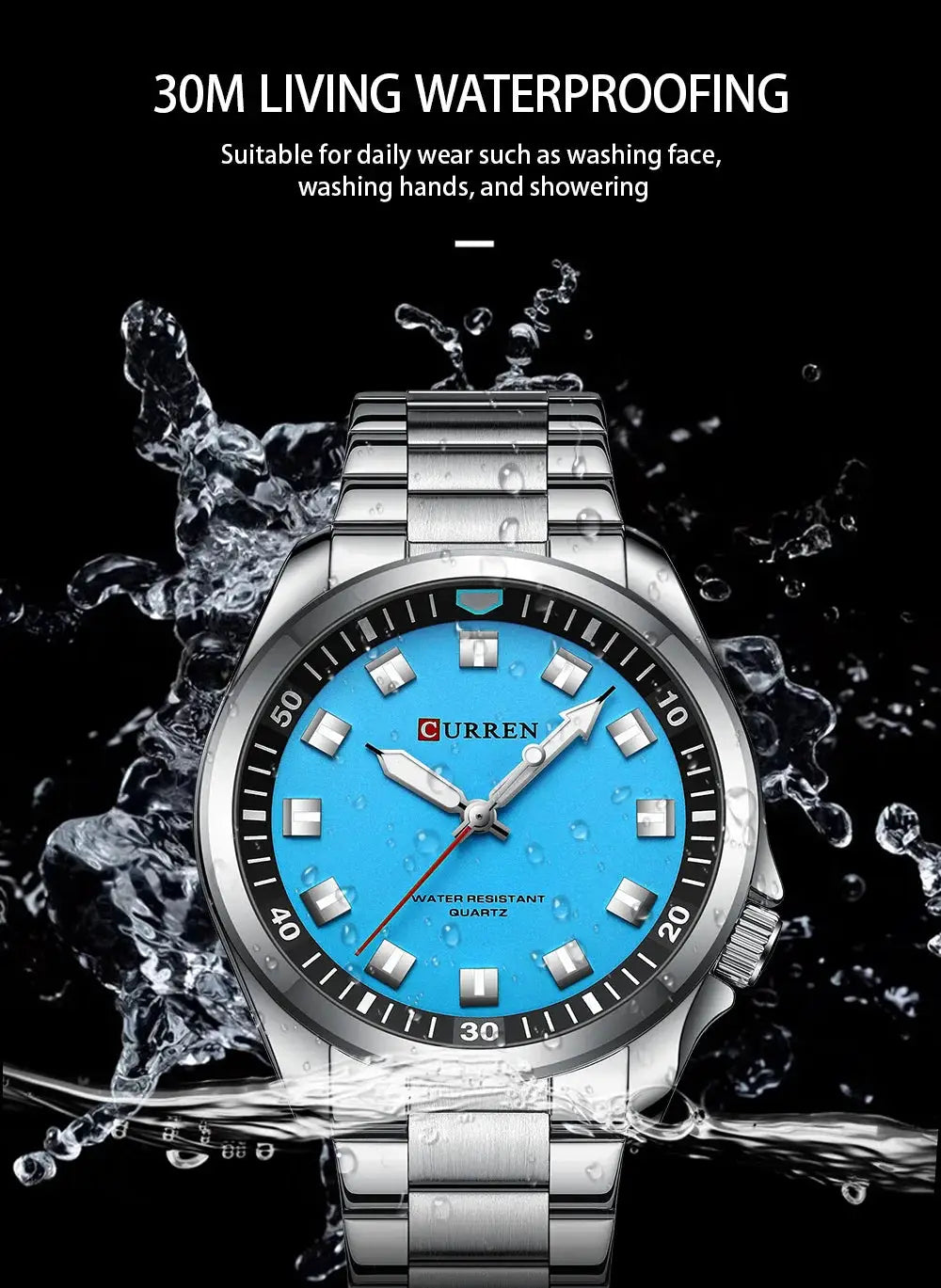 CURREN 8451 stainless steel men's wristwatch with blue dial, waterproof sport/military style