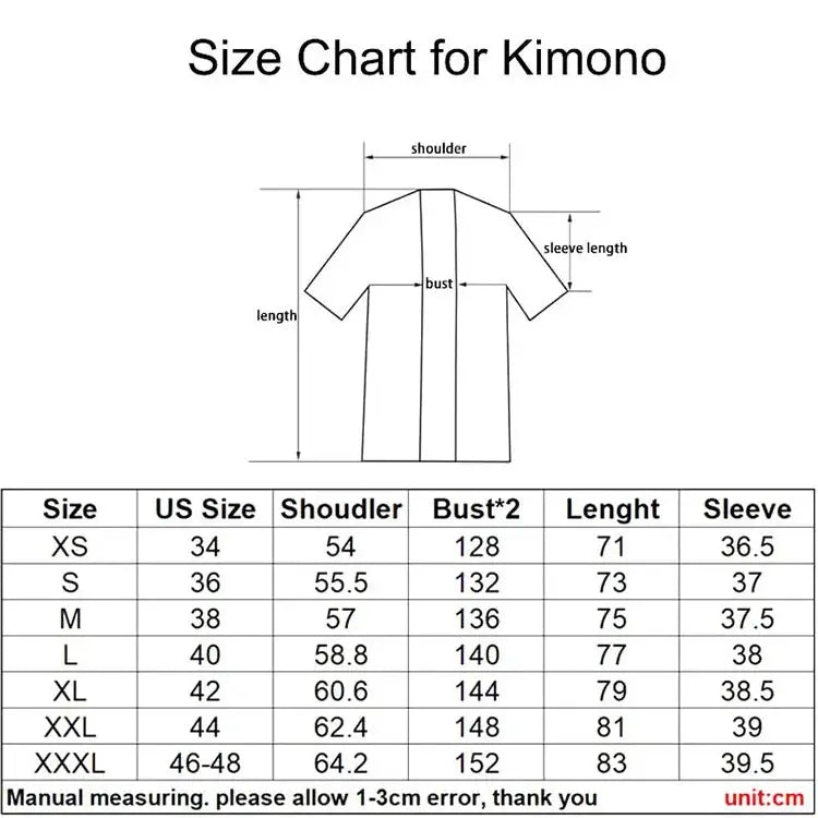 Size chart for kimono with measurement diagram and table (XS–XXXL) showing shoulder, bust, length, and sleeve.