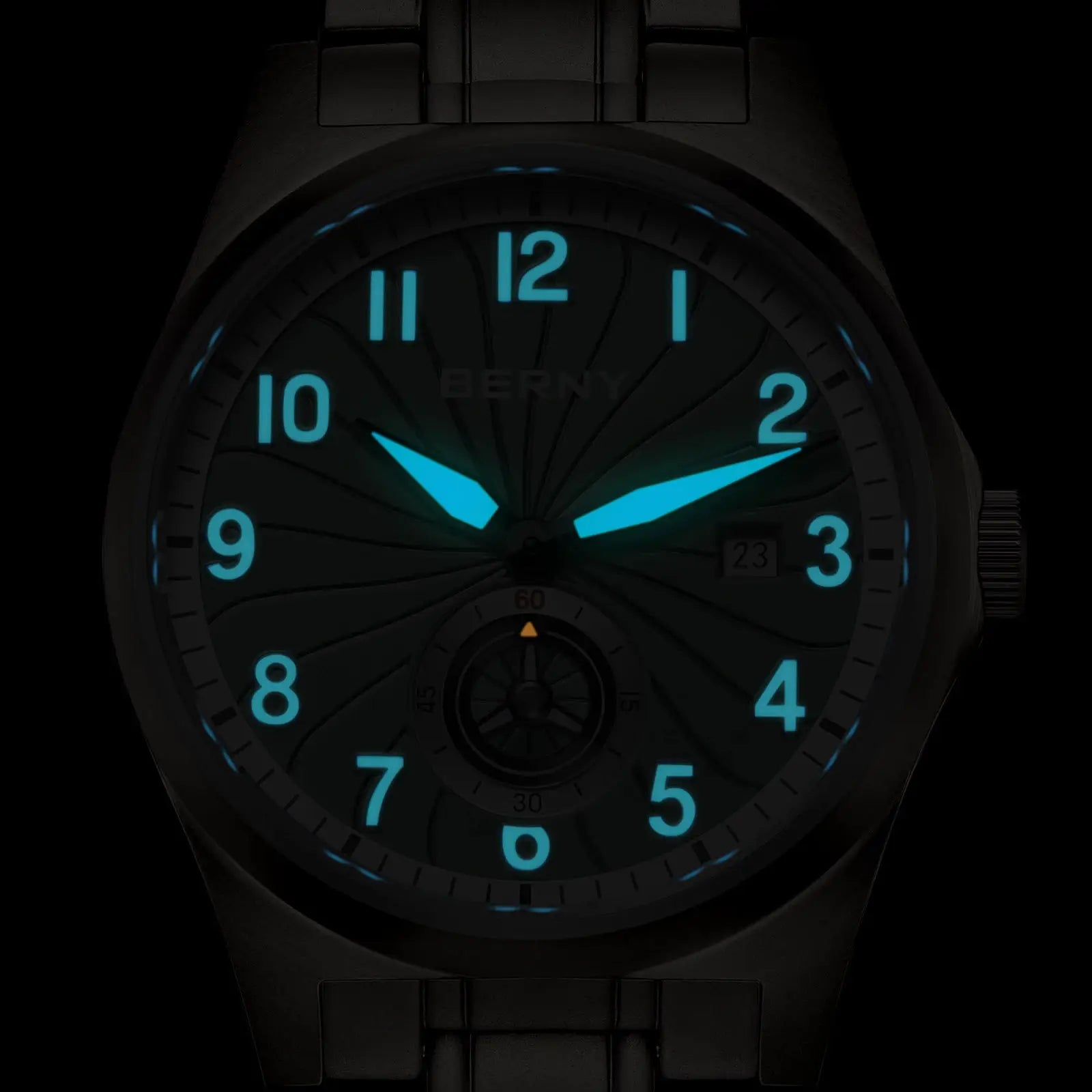 BERNY titanium automatic men’s watch with luminous blue numerals and hands on black dial