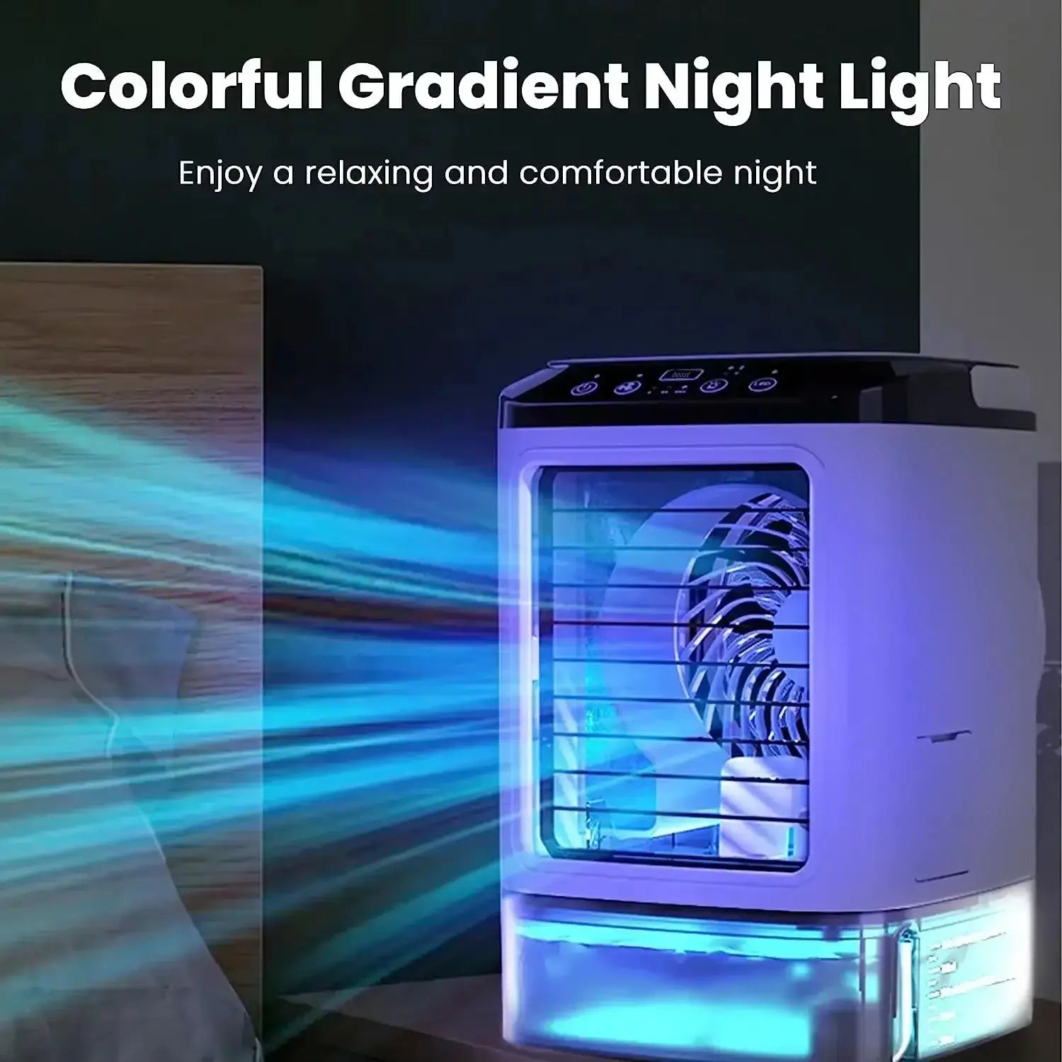 HOMEFISH small desktop humidifier with USB-powered fan, blue LED lighting, Simples Market.