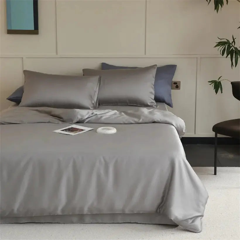 Mulberry silk bedding set by Simples Market in grey with matching duvet cover, sheets and pillowcases