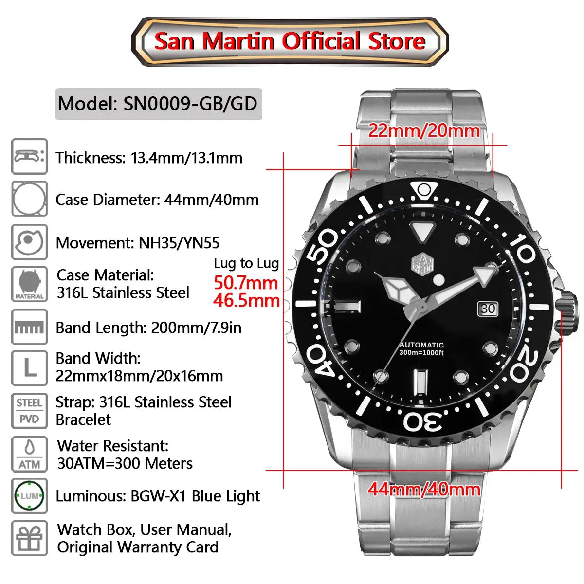 San Martin men's diver watch with 44mm stainless steel case and bracelet, black dial, NH35 automatic movement.